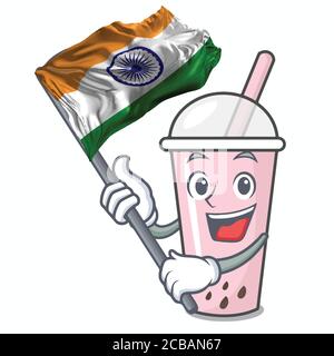 With flag raspberry bubble tea character cartoon.Independence day of India hand drawn sign on black background. Indian national three color flag. Stock Vector
