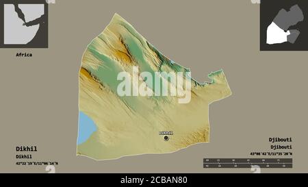 Shape of Dikhil, region of Djibouti, and its capital. Distance scale, previews and labels. Topographic relief map. 3D rendering Stock Photo