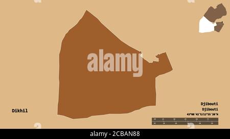 Shape of Dikhil, region of Djibouti, with its capital isolated on solid background. Distance scale, region preview and labels. Composition of patterne Stock Photo