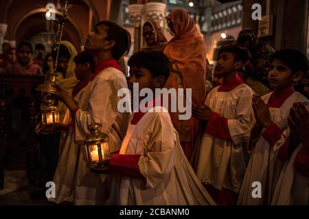 Believers christians during the Friday light fair service in the Sacred Heart Cathedral in Lahore in Pakistan. In 2015, the parish was attacked in the cathedral during a bomb attack where numerous victims were reported. Stock Photo