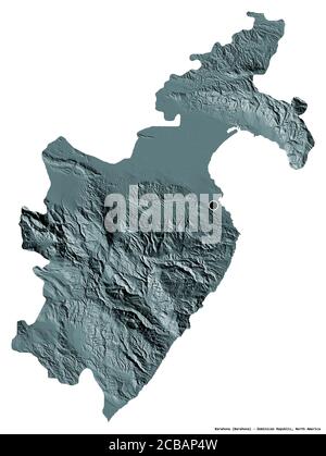Shape of Barahona, province of Dominican Republic, with its capital isolated on white background. Colored elevation map. 3D rendering Stock Photo