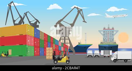 Stacked freight containers at a sea port dock. High detailed cargo ships cars and forklift cars. Flat Vector illustration. Stock Vector