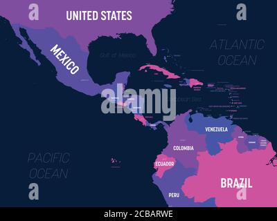 Central America map. High detailed political map Central American and Caribbean region with country, capital, ocean and sea names labeling. Stock Vector
