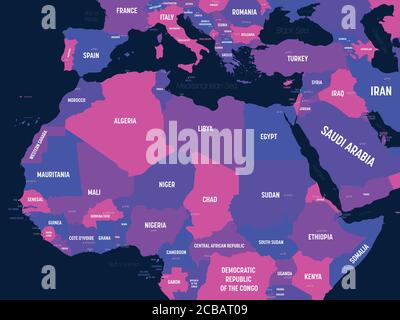 Northern Africa map. High detailed political map of northern african rgion with country, capital, ocean and sea names labeling. Stock Vector