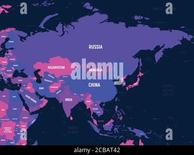Asia. High detailed political map of asian continent with country, capital, ocean and sea names labeling. Stock Vector