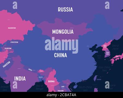 China map. High detailed political map of China and neighboring countries with country, capital, ocean and sea names labeling. Stock Vector