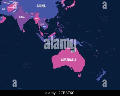 Australia and Southeast Asia map. High detailed political map of australian and southeastern Asia region with country, capital, ocean and sea names labeling. Stock Vector