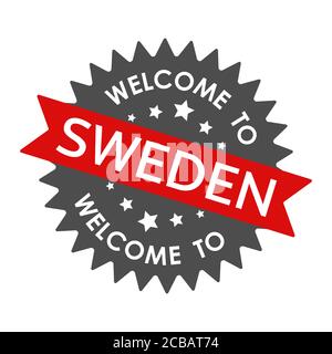 Welcome to  SWEDEN. Round label with red ribbon. Vector illustration isolated on a white background Stock Vector