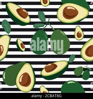 Avocado seamless pattern for textiles, prints. Avocado on striped background. Healthy food Stock Vector