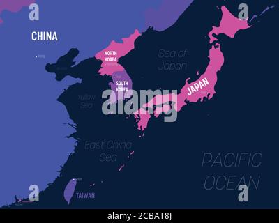East Asia map. High detailed political map of eastern region with country, capital, ocean and sea names labeling. Stock Vector