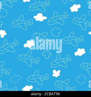 Vector seamless pattern with cartoon planes and clouds for texture, textiles and simple backgrounds. Stock Vector