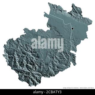 Shape of Santiago, province of Dominican Republic, with its capital isolated on white background. Colored elevation map. 3D rendering Stock Photo