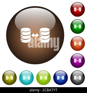 Syncronize databases white icons on round glass buttons in multiple colors Stock Vector