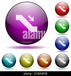 Escalator down sign icons in color glass sphere buttons with shadows Stock Vector