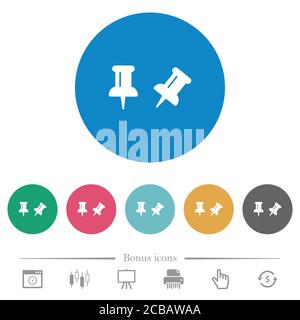 Toggle pin flat white icons on round color backgrounds. 6 bonus icons included. Stock Vector
