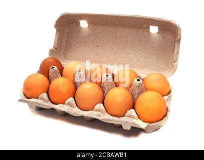 Ten eggs in a cassette on a white background isolated Stock Photo