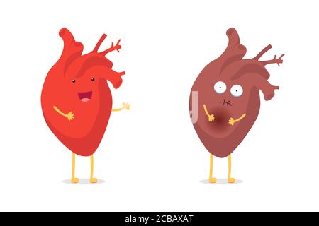 Sad sick unhealthy vs healthy strong happy smiling cute heart character. Medical anatomic funny cartoon human internal organ. Vector flat eps illustration Stock Vector