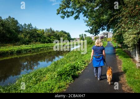 A dog walker on the path beside the River Ythan in the town of Ellon in Aberdeenshire, Scotland, UK Stock Photo