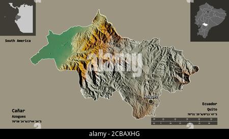 Shape of Cañar, province of Ecuador, and its capital. Distance scale, previews and labels. Topographic relief map. 3D rendering Stock Photo