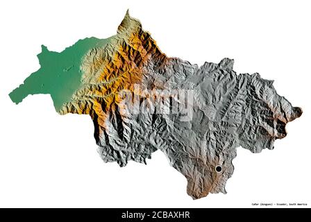 Shape of Cañar, province of Ecuador, with its capital isolated on white background. Topographic relief map. 3D rendering Stock Photo