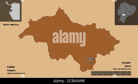 Shape of Cañar, province of Ecuador, and its capital. Distance scale, previews and labels. Composition of patterned textures. 3D rendering Stock Photo