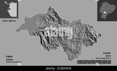 Shape of Cañar, province of Ecuador, and its capital. Distance scale, previews and labels. Bilevel elevation map. 3D rendering Stock Photo