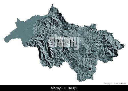 Shape of Cañar, province of Ecuador, with its capital isolated on white background. Colored elevation map. 3D rendering Stock Photo