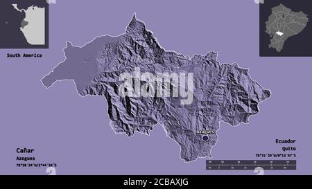 Shape of Cañar, province of Ecuador, and its capital. Distance scale, previews and labels. Colored elevation map. 3D rendering Stock Photo