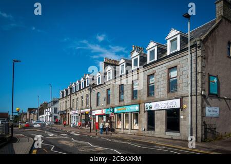 Shops and businesses in Market Street in centre of the town of Ellon, lying on the River Ythan in Aberdeenshire, Scotland, UK Stock Photo