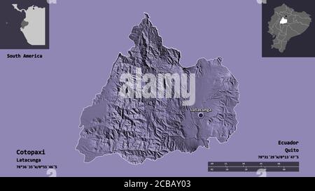 Shape of Cotopaxi, province of Ecuador, and its capital. Distance scale, previews and labels. Colored elevation map. 3D rendering Stock Photo