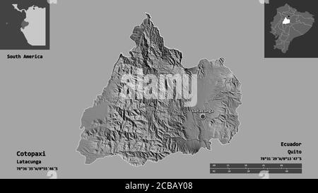 Shape of Cotopaxi, province of Ecuador, and its capital. Distance scale, previews and labels. Bilevel elevation map. 3D rendering Stock Photo