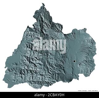 Shape of Cotopaxi, province of Ecuador, with its capital isolated on white background. Colored elevation map. 3D rendering Stock Photo