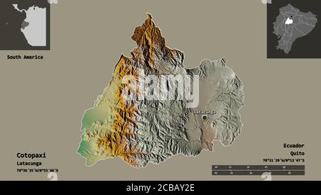 Shape of Cotopaxi, province of Ecuador, and its capital. Distance scale, previews and labels. Topographic relief map. 3D rendering Stock Photo