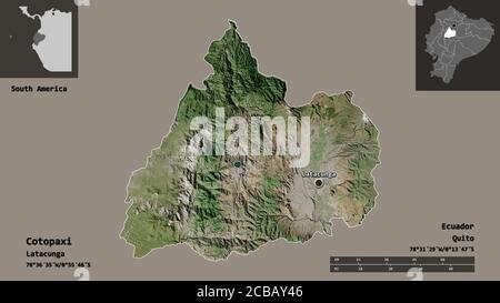 Shape of Cotopaxi, province of Ecuador, and its capital. Distance scale, previews and labels. Satellite imagery. 3D rendering Stock Photo