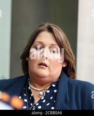 Caroline Donohoe, the widow of Adrian Donohoe, outside the Criminal Courts of Justice, Dublin, where the jury agreed 11-1 in favour of the guilty verdict after 22 hours of deliberation in the Aaron Brady trial for the capital murder of Detective Garda Adrian Donohoe, who was shot dead during a robbery at Lordship Credit Union near Dundalk in January 2013. Stock Photo