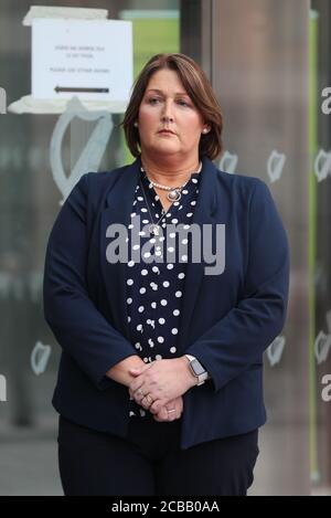 Caroline Donohoe, the widow of Adrian Donohoe, outside the Criminal Courts of Justice, Dublin, where the jury agreed 11-1 in favour of the guilty verdict after 22 hours of deliberation in the Aaron Brady trial for the capital murder of Detective Garda Adrian Donohoe, who was shot dead during a robbery at Lordship Credit Union near Dundalk in January 2013. Stock Photo