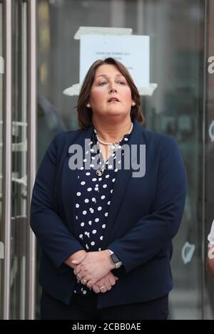 Caroline Donohoe, the widow of Adrian Donohoe, outside the Criminal Courts of Justice, Dublin, where the jury agreed 11-1 in favour of the guilty verdict after 22 hours of deliberation in the Aaron Brady trial for the capital murder of Detective Garda Adrian Donohoe, who was shot dead during a robbery at Lordship Credit Union near Dundalk in January 2013. Stock Photo