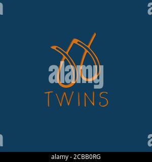 Orange logo on a blue background. Symbol and inscription "Twins". Sign for advertising, label, trademark of goods or services for twins. Stock Vector