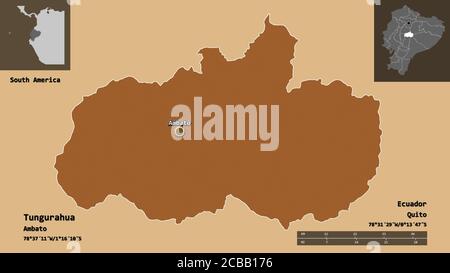 Shape of Tungurahua, province of Ecuador, and its capital. Distance scale, previews and labels. Composition of patterned textures. 3D rendering Stock Photo