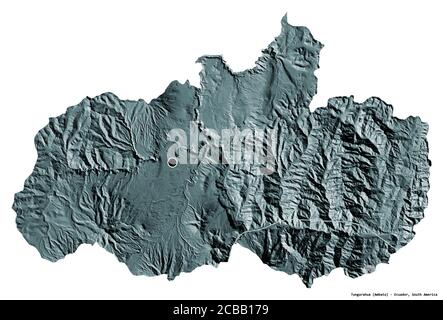 Shape of Tungurahua, province of Ecuador, with its capital isolated on white background. Colored elevation map. 3D rendering Stock Photo