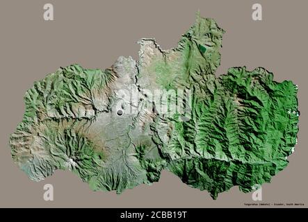 Shape of Tungurahua, province of Ecuador, with its capital isolated on a solid color background. Satellite imagery. 3D rendering Stock Photo