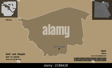 Shape of Kafr ash Shaykh, governorate of Egypt, and its capital. Distance scale, previews and labels. Colored elevation map. 3D rendering Stock Photo