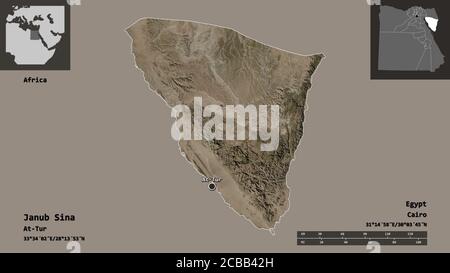 Shape of Janub Sina, governorate of Egypt, and its capital. Distance scale, previews and labels. Satellite imagery. 3D rendering Stock Photo