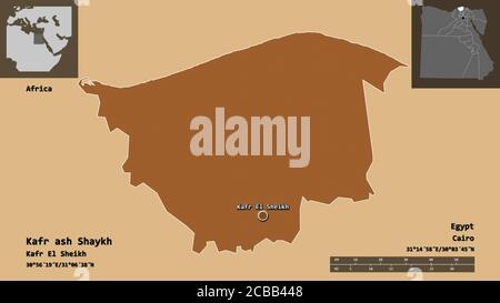 Shape of Kafr ash Shaykh, governorate of Egypt, and its capital. Distance scale, previews and labels. Composition of patterned textures. 3D rendering Stock Photo