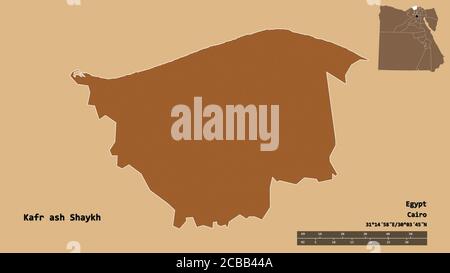 Shape of Kafr ash Shaykh, governorate of Egypt, with its capital isolated on solid background. Distance scale, region preview and labels. Composition Stock Photo