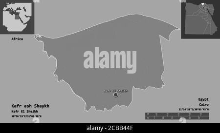 Shape of Kafr ash Shaykh, governorate of Egypt, and its capital. Distance scale, previews and labels. Bilevel elevation map. 3D rendering Stock Photo