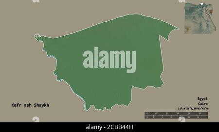 Shape of Kafr ash Shaykh, governorate of Egypt, with its capital isolated on solid background. Distance scale, region preview and labels. Topographic Stock Photo