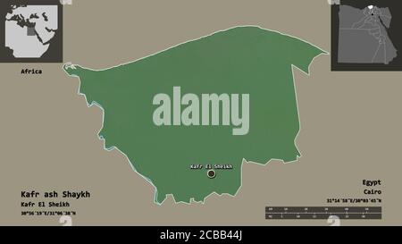 Shape of Kafr ash Shaykh, governorate of Egypt, and its capital. Distance scale, previews and labels. Topographic relief map. 3D rendering Stock Photo