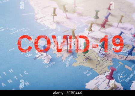Map of Europe with colored buttons indicating cities and coordinates of the spread of the covid-19 coronavirus pandemic infection. Stock Photo