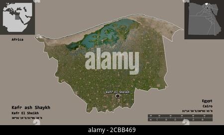 Shape of Kafr ash Shaykh, governorate of Egypt, and its capital. Distance scale, previews and labels. Satellite imagery. 3D rendering Stock Photo